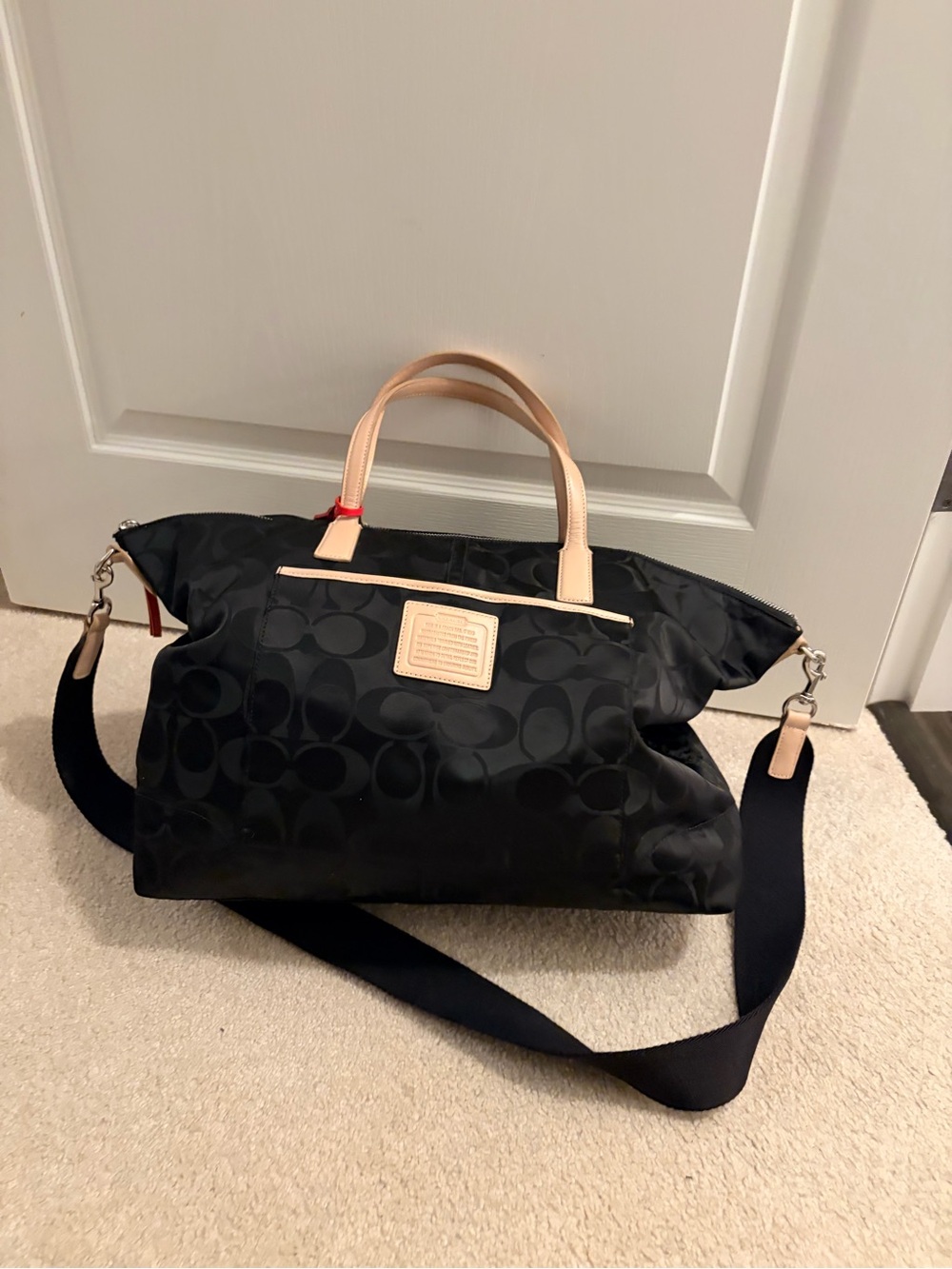 Coach Black Signature Nylon Travel Tote with Natural Leather Handles